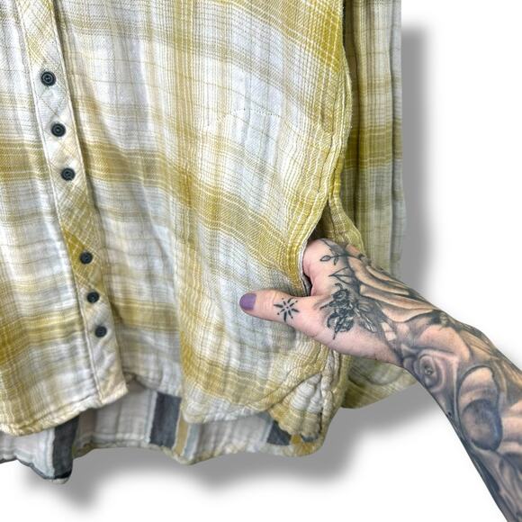 Free People Mustard Yellow Flannel Double Dip Button Down Oversized Shirt Medium - Picture 3 of 9